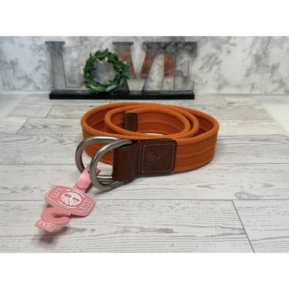 Timberland D Ring Orange Fabric Leather Detail Vintage Men Belt Size S/M 39